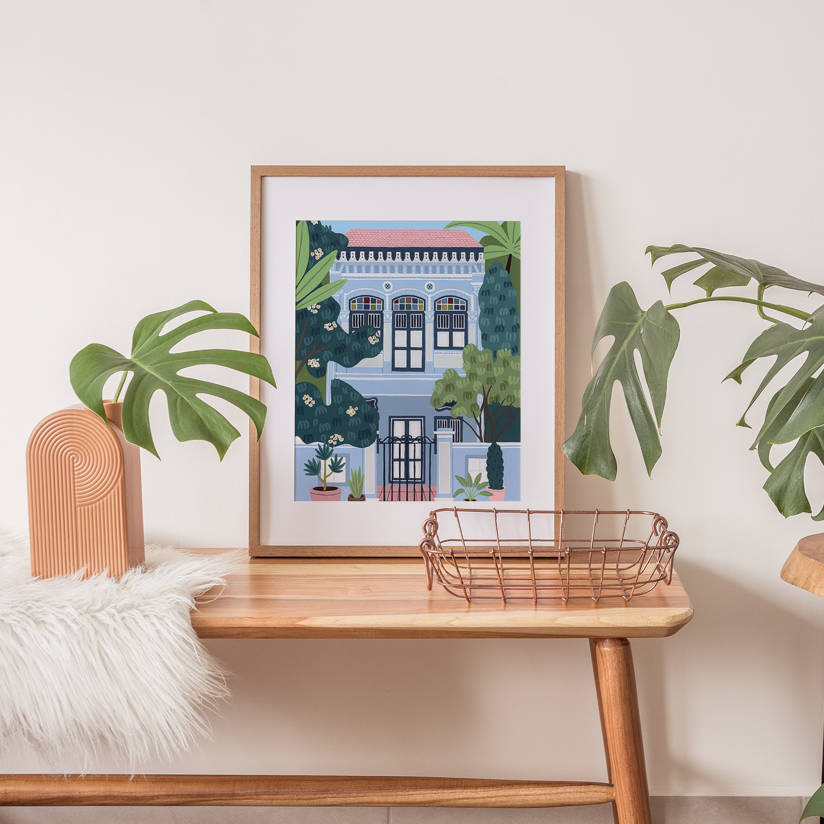 A framed Blue Singapore Shophouse Print