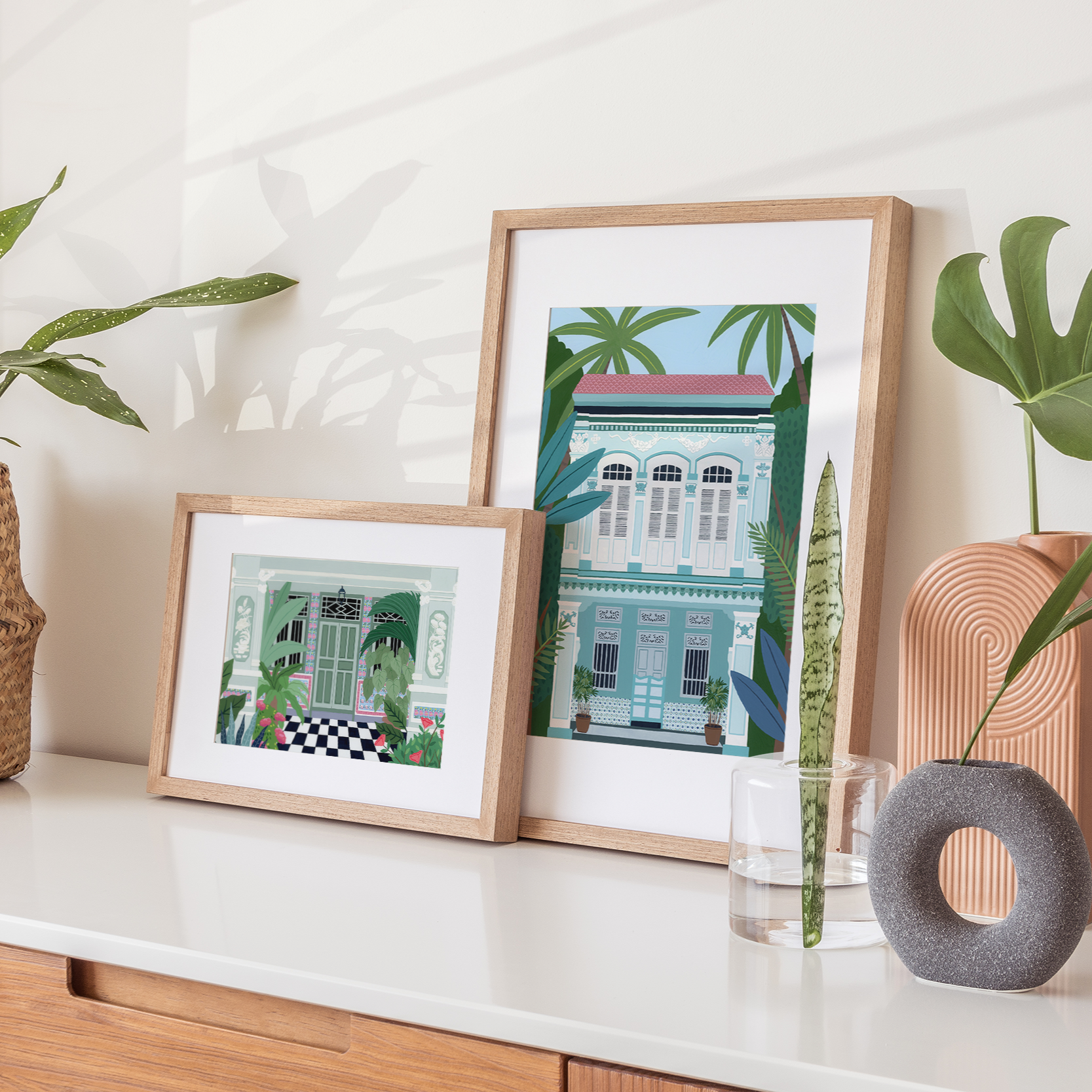 Framed Singapore Teal Shophouse